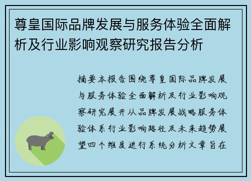 尊皇国际品牌发展与服务体验全面解析及行业影响观察研究报告分析